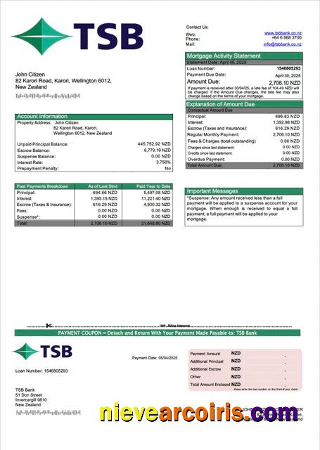 New Zealand TSB Bank mortgage statement Word and PDF template